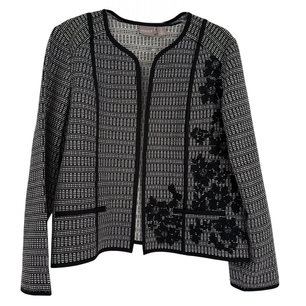 Chicos Blazer Jacket Size 2 (L) Embroidered Long Sleeves  Open Front Black